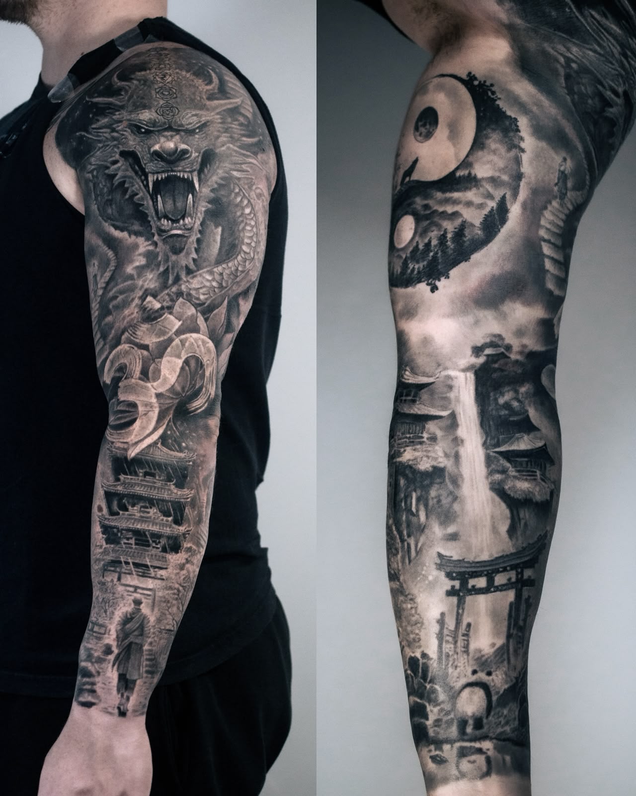 Black and grey dragon, temple and waterfall full sleeve tattoos — London's Glitch